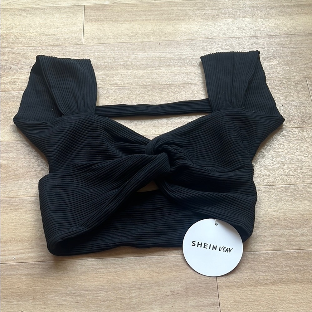 SHEIN Black Ribbed Twist Crop Top